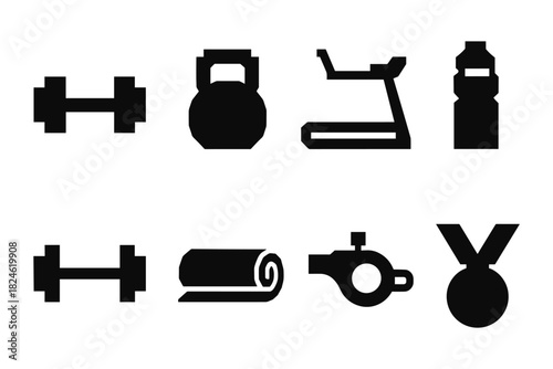 Silhouette icons of gym equipment: dumbbell, kettlebell, treadmill, water bottle, yoga mat, whistle, medal