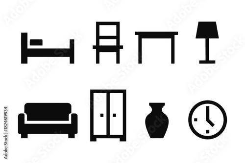 Silhouette furniture and home decor icons in black and white