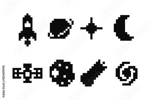 Pixel art space icons set: rocket, planet, star, moon, satellite, asteroid, comet, galaxy