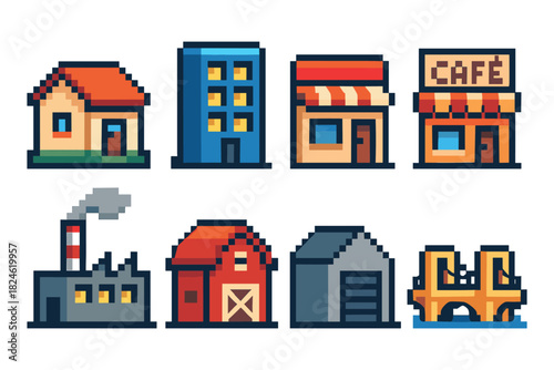 Pixel art city buildings collection: homes, shops, and industrial structures