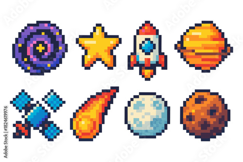 Retro pixel space icons: star, rocket, planets, and more in 8-bit style