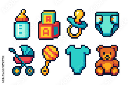 Vintage pixel art baby icons: bottle, blocks, pacifier, diaper, stroller, rattle, onesie, teddy