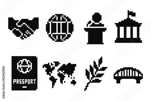 Pixel art icons: business, global, politics, travel, nature, architecture