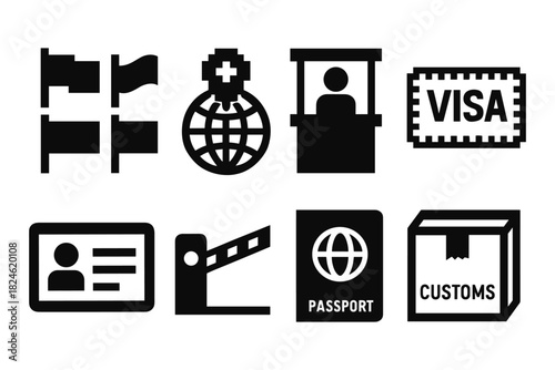 Travel and immigration icons: passport, visa, customs, and more in bold silhouette style