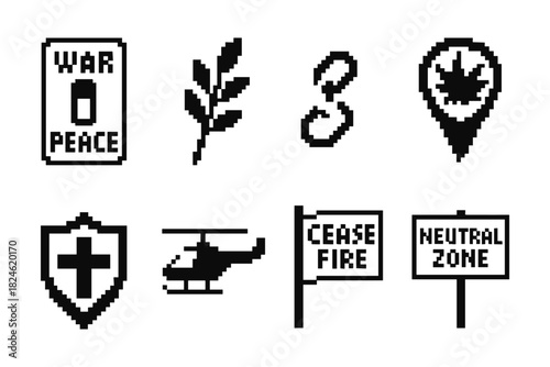 Pixel art peace and conflict icons set with symbols and signs