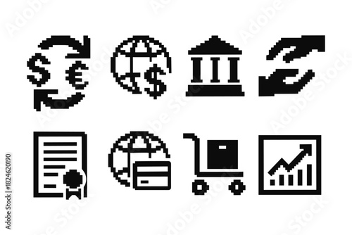 Pixel art financial icons set: currency exchange, banking, shopping, global market trends