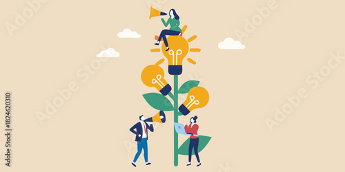 Teamwork and innovation growing ideas with lightbulbs