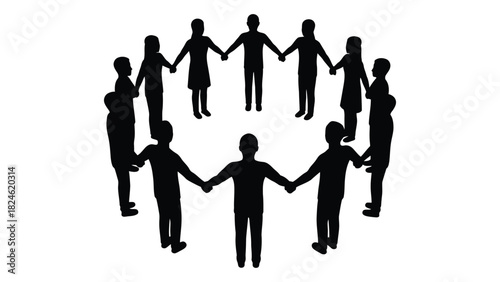 People holding hands in a circle silhouette isolated on white background, Vector