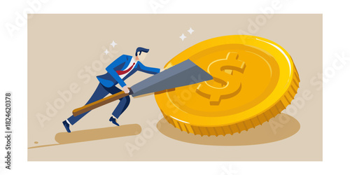 Businessman sawing a giant gold coin