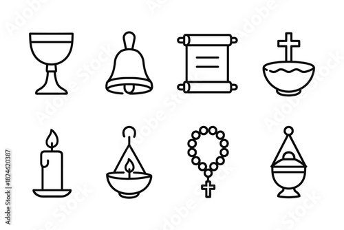 Set of linear christian symbols: chalice, cross, rosary, and more