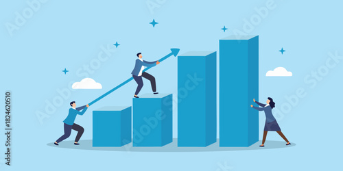 Teamwork drives business growth and success on a rising graph