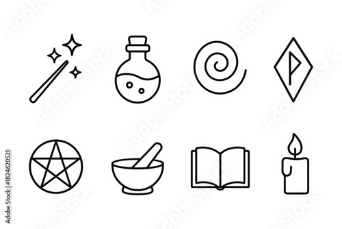 Minimal magic icons: witchcraft elements in linear style