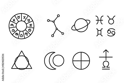 Minimalistic zodiac symbols and astrological signs in linear style