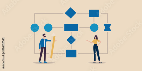 Team collaborating on a flowchart with a giant pencil