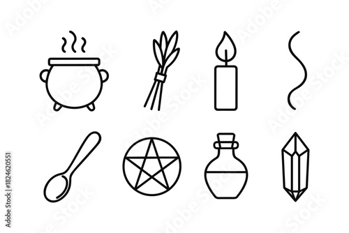 Witchcraft essentials outline icons: cauldron, candle, pentacle, crystal, and herbs