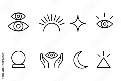 Mystical symbol collection featuring eye, moon, sun, and geometric shapes in linear art style