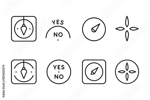 Minimalist dowsing pendulum and compass icon set for decision making