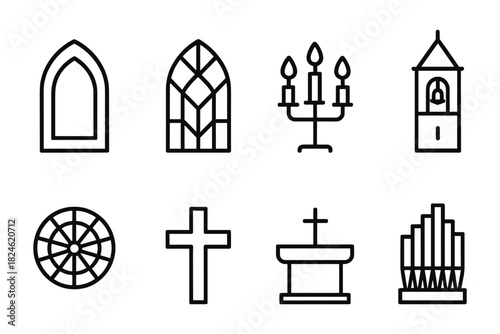 Outline symbols of church architecture and elements