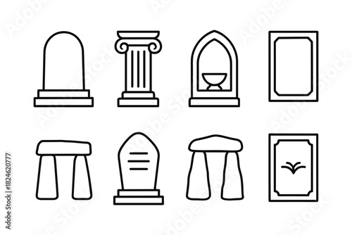 Simple line art of historical monuments and structures