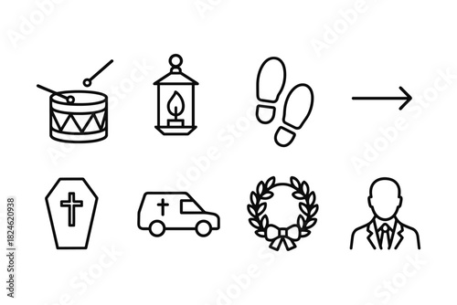 Funeral and memorial line art icons set including drum, lantern, and wreath