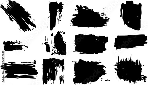 Set of black ink brush strokes and grunge textures for design elements