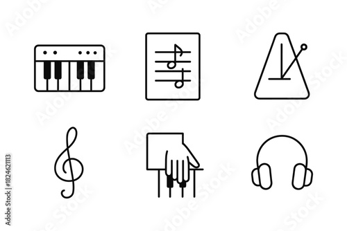 Minimalist music icons set: instruments, notes, and devices in simple black line art
