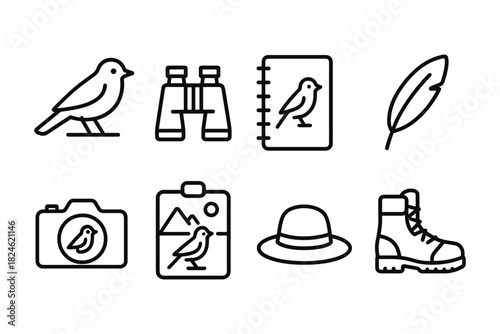 Birdwatching essentials: linear icon set of gear and accessories for nature enthusiasts