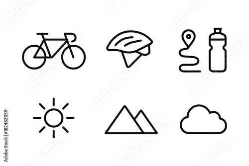 Minimalist cycling and nature icons: route, gear, and scenery elements