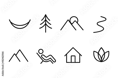 Minimalist line art icons: nature, relaxation, and simplicity themes