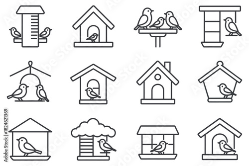 Bird and snowy feeder icons in a simple line outline design, showcasing winter birds, hanging feeders, minimal shapes, and seasonal graphic elements suitable for clean vector illustration