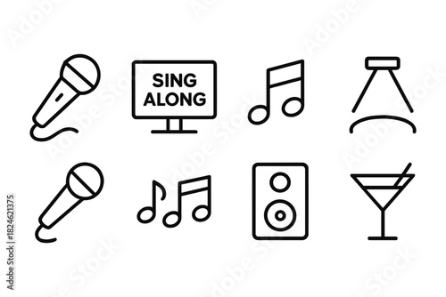 Karaoke night elements: music, microphone, and drinks in simple line design