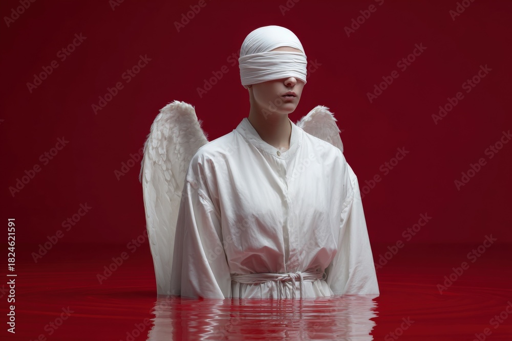 Obraz premium Blindfolded female angel with wings in red water