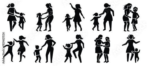 mother dancing with icon set, black color and white background