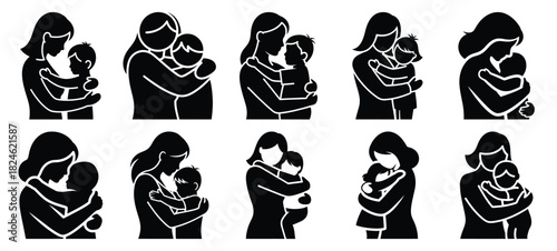 mother hugging child icon set, black color and white background