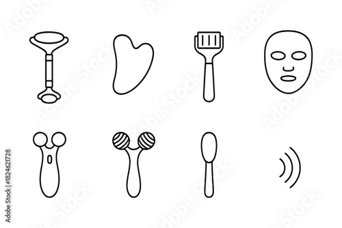 Minimalist line icons of facial tools and beauty accessories for skincare