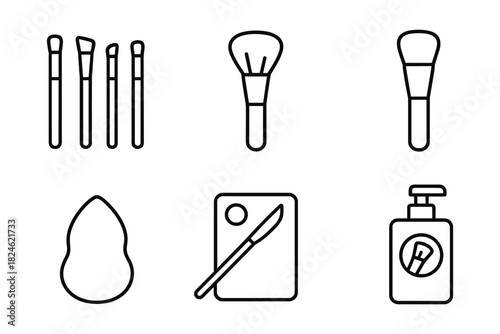 Minimalist makeup tools icons: brushes, sponge, palette, bottle in linear style