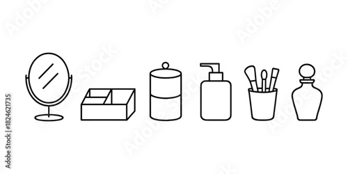 Minimalist beauty icons set featuring makeup tools and accessories in linear style