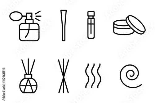 Set of outline icons: perfume, incense, aromatherapy, and beauty products
