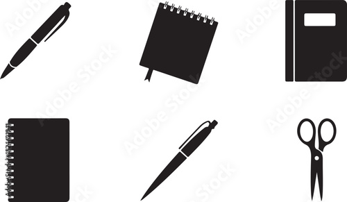 Black Silhouette Icons of Pens, Notebooks, and Scissors on a White Background notepad writing tool