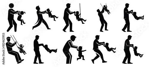 dad swinging child icon set, black color and white background