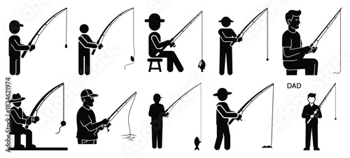 dad with fishing icon set, black color and white background