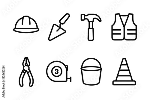 Construction tools and safety gear icons set in bold outline style