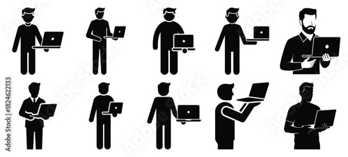 father holding laptop icon set, black color and white background