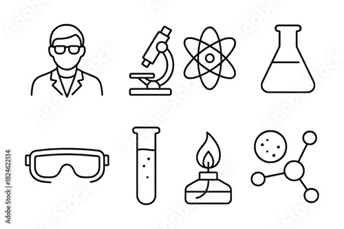 Science lab icons: microscope, beaker, atom, scientist, and more in linear style