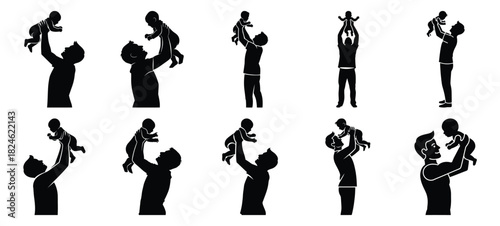 father lifting baby icon set, black color and white background