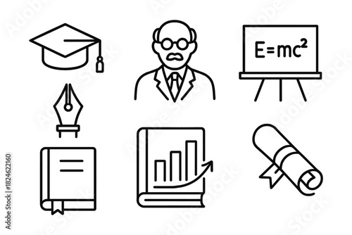 Education icons set: science, graduation, and academic symbols in linear style