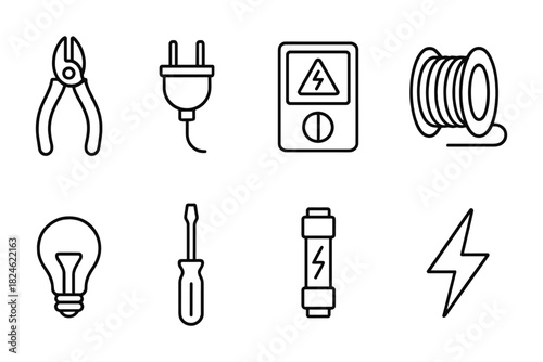 Essential electrical tools and symbols outline: pliers, plug, meter, wire, bulb, screwdriver, fuse, bolt
