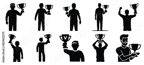 father holding trophy icon set, black color and white background