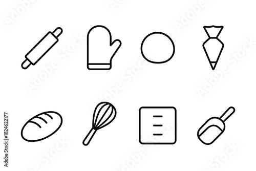 Baking essentials: outline style icons of tools and ingredients for culinary creations
