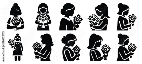 mom holding flowers icon set, black color and white background